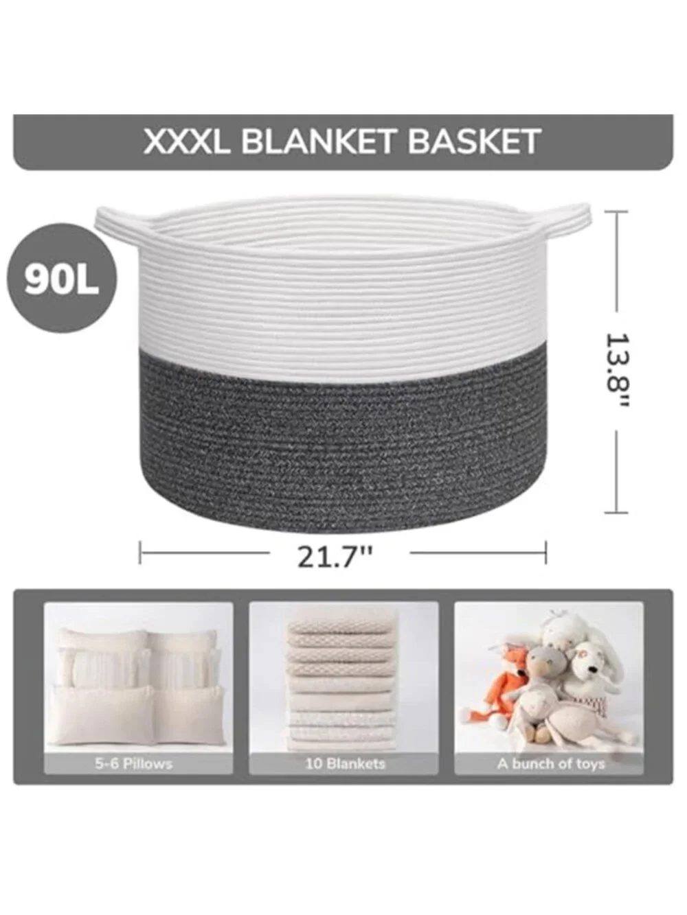 New XXXLarge Woven Rope Blanket Basket Living Room, 90L
